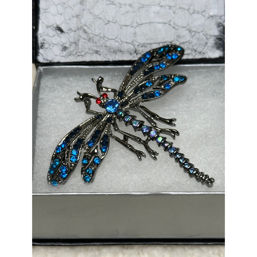 Dragonfly Brooch Blue Rhinestone Gunmetal Tone Insect Pin